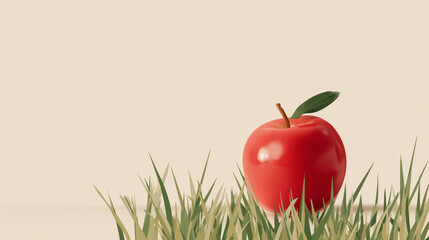 Red apple on grass with green leaf on neutral background for Newton Day  