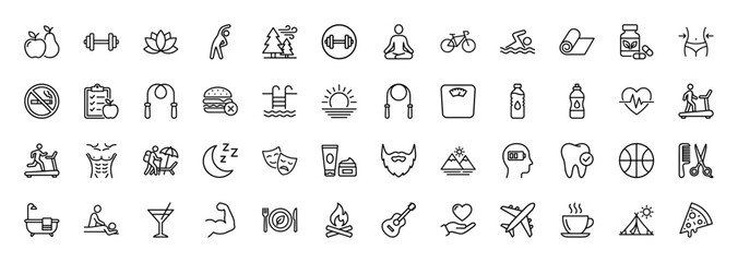 Healthy lifestyle and wellness line icon set. Vector pictograms of fitness, diet, yoga, swimming, camping, grooming, leisure and relaxation, thin linear illustration.