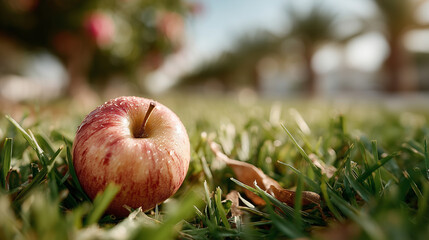 Red apple lying on green grass under a tree in a sunny park for Newton Day  