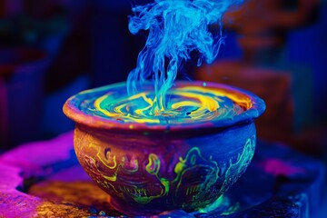 Vibrant neon smoke emanating from decorative pot under uv light