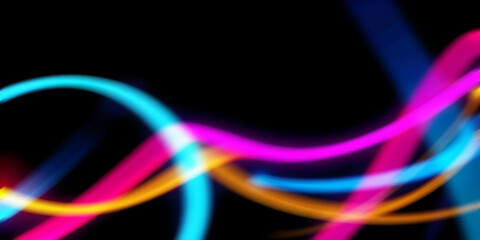 A bright abstract background with curved, glowing light trails in pink, orange, and blue. A concept of speed, celebration, and digital technology.