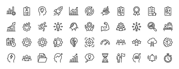 Business line icon set. Vector pictograms of growth, strategy, analysis, teamwork, and planning, thin linear illustration.