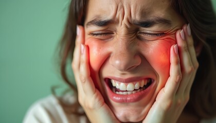 Young woman suffers from severe toothache. Holds painful red cheek, eyes closed, mouth open in agony. Face shows extreme dental pain, discomfort. Need urgent dental care, appointment with dentist for