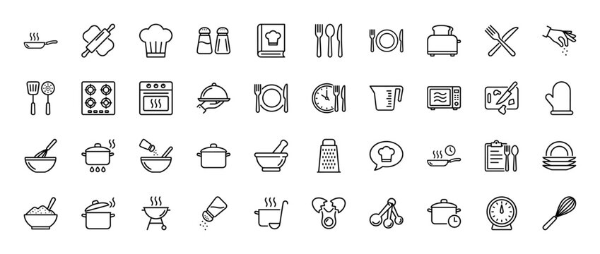 Kitchen outline icon set. Vector pictograms of chef hat, oven, plate, knife, rolling pin, whisk, grill, and cooking pot, thin linear illustration.