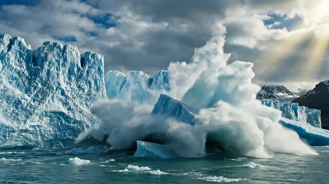 A dramatic glacier calving event with sun rays piercing cloudy sky over icy water