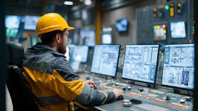 Industrial Engineer Monitoring Progress. Expert engineer in hard hat at control panel with multiple screens in an industrial