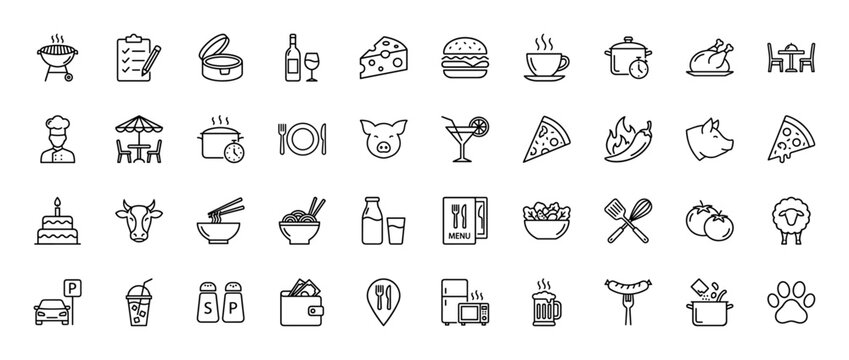 Food, dining, and restaurant outline icon set. Vector pictograms of chef, burger, pizza, steak, cow, grill, and wine, thin linear illustration. - Powered by Adobe