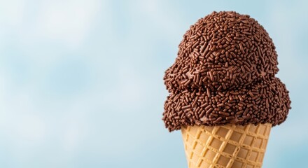 Chocolate ice cream cone with chocolate sprinkles against blue sky background
