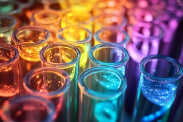 Vibrant array of colorful test tubes with luminescent patterns