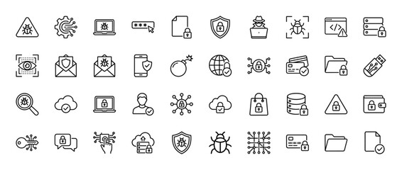 Fototapeta premium Cybersecurity line icon set. Vector pictograms of protection, virus, data, user, and cloud security, thin linear illustration.