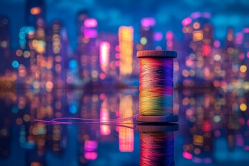 Vibrant thread spool against neon cityscape at night