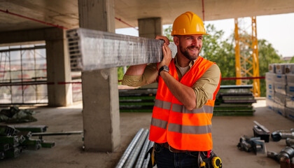 Smiling construction worker wearing safety helmet and vest carrying metal beam on his shoulder at building site, working on new building development project