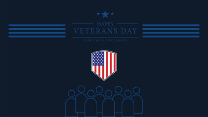 Flat Design Veterans Day Tribute Banner with Dark Blue Background USA Shield Emblem and Minimal Silhouette Crowd for Thank You Veterans Greeting