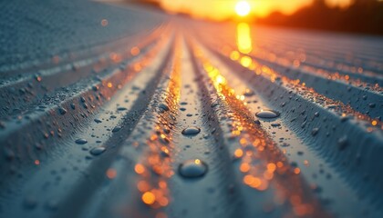 Close view wet corrugated metal sheet. Water droplets glisten on the textured surface under warm sunset light. Reflective industrial material gleams with orange bokeh.