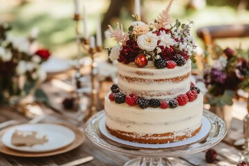 Rustic naked cake with fresh berries and floral decorations