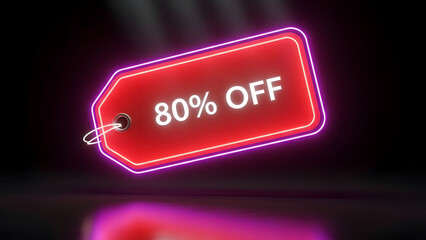 Deals and Discounts: A captivating close-up of a vibrant price tag, illuminated with a neon glow, prominently displaying an enticing 80% discount. A visual representation of savings and deals