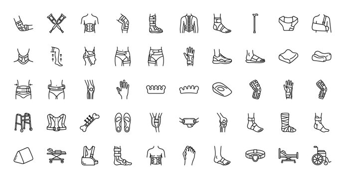 Medical rehabilitation and injury recovery line icon set. Vector pictograms of braces, supports, crutches, and mobility aids, thin linear illustration.