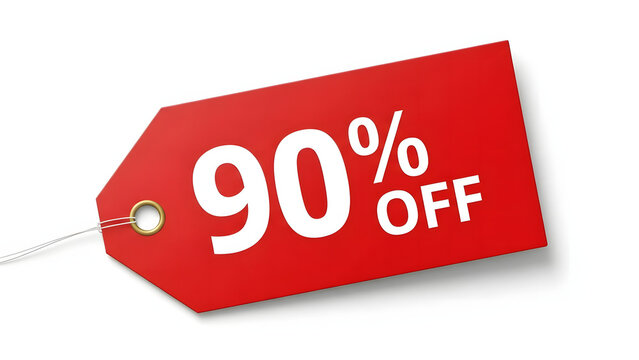 90% off Tag: A vibrant red price tag with bold white lettering announces a significant discount of 90% off, dangling suggestively with a minimalist aesthetic.