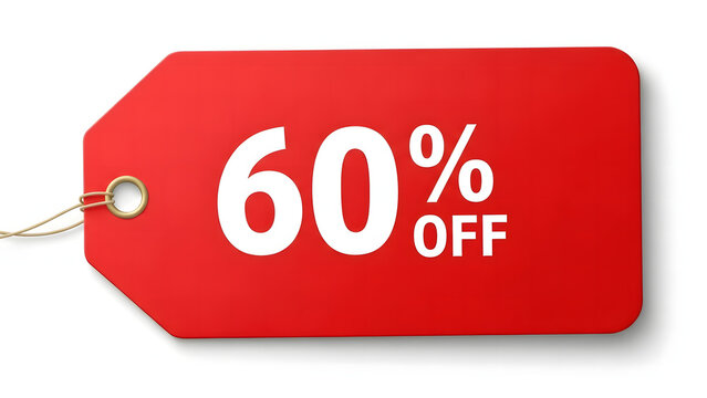 Red Sale Tag: Capturing the essence of significant savings, this vibrant red tag announces a compelling 60% off discount, a clear invitation to seize the moment