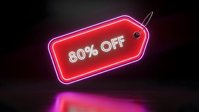Neon Discount: A vibrant neon sign declares an 80% discount on a tag, perfect for capturing the excitement of shopping promotions and sales. - Powered by Adobe