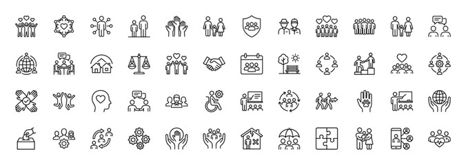 Social services and community care line icon set. vector pictograms of family, teamwork, global network, and assistance, thin linear illustration.