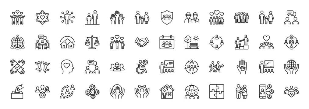 Social services and community care line icon set. vector pictograms of family, teamwork, global network, and assistance, thin linear illustration.