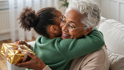 Loving african american grandmother receiving a gift and a hug from her granddaughter. Happy senior woman and child celebrating a holiday at home. Intergenerational family love and affection