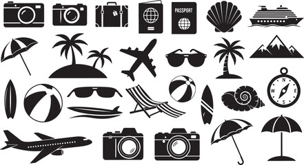 Travel vacation icons featuring camera suitcase passport airplane palm beach umbrella cruise mountain compass shell summer leisure 