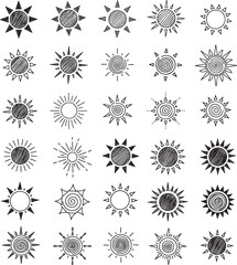 Sun doodle icons featuring hand drawn rays spiral shapes sketch style symbol of warmth light summer energy concept of nature brightness creativity