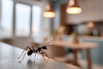 Close-up of red ant standing on wooden kitchen table in modern home interior macro view