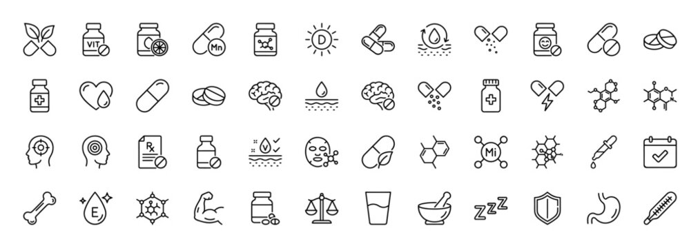 Medical supplement line icon set. Vector pictograms of brain, pills, vitamins, bones, and sleep, thin linear illustration.