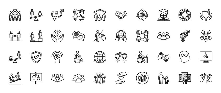 Diversity and equality line icon set. Vector pictograms of teamwork, disability, gender balance, human rights, and inclusion, thin linear illustration.