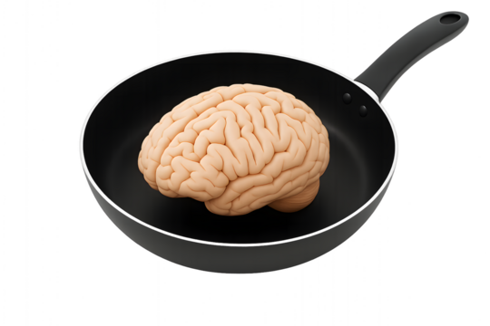 Brain on the Frying Pan: The human brain rests inside a sleek black frying pan, symbolizing the concept of culinary, mental processing and the cooking process.