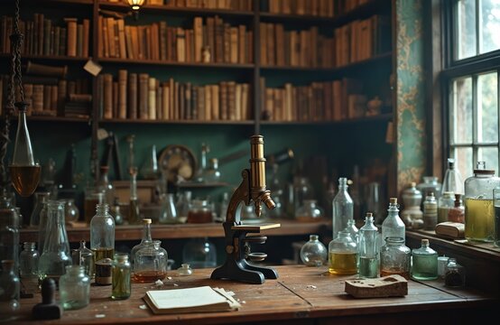 Vintage lab room photo. Old microscope on wooden table surrounded by glassware bottles jars books. Concept of historical science medicine research and retro technology