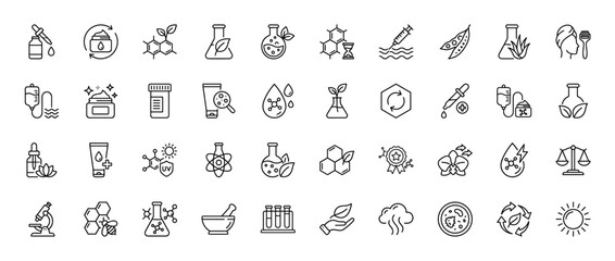 Beauty and cosmetic chemistry line icon set. Vector pictograms of laboratory glassware, molecular structure, plant extract, and skincare products, thin linear illustration.