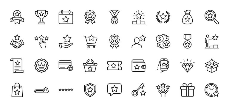 Customer loyalty program and reward line icon set. Vector pictograms of medal, trophy, coupon, gift, shopping, and rating, thin linear illustration.
