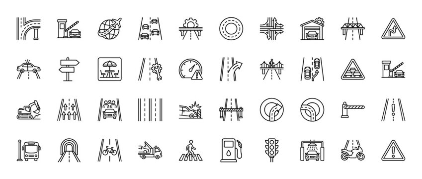 Road traffic line icon set. Vector pictograms of highway, bridge, road sign, car crash, and traffic light, thin linear illustration.