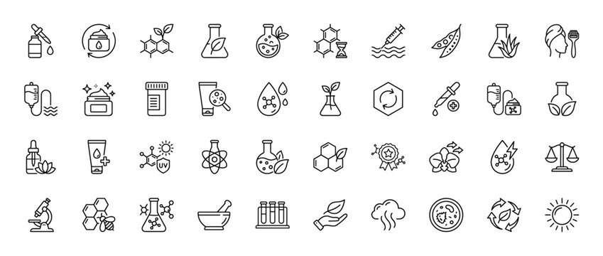 Beauty and cosmetic chemistry line icon set. Vector pictograms of laboratory glassware, molecular structure, plant extract, and skincare products, thin linear illustration.