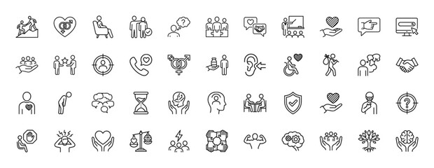 Social issues and psychology line icon set. Vector pictograms of teamwork, relationships, human rights, and well-being, thin linear illustration.