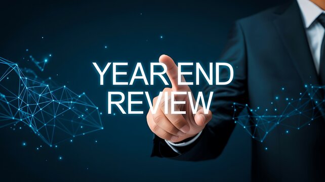 Businessman pointing at glowing text year end review on a dark blue digital background with network connection visualization, symbolizing business analysis and planning