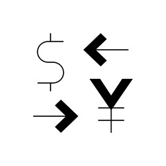 Currency exchange symbols featuring dollar sign, yen symbol, and arrows indicating direction of flow of cash