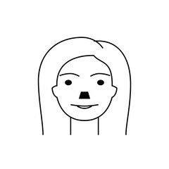 Line drawing of a woman with long hair and a small square shape under her nose in black and white style