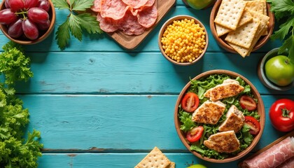 Delicious healthy meal options spread on teal wooden table. Fresh grapes, green apples, red tomatoes, salami slices, crispy crackers arranged for enjoyment. Grilled chicken salad with lettuce,