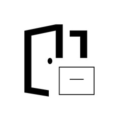 Black and white abstract design featuring an open door, a dot, and a rectangular shape with a line inside