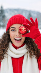 Close up of happy woman in red winter clothes holding a Christmas ornament over her eye. Vertical ourdoor portrait of a cheerful girl with curly hair
