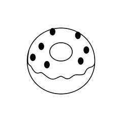 Outline drawing of a donut with chocolate chips and frosting isolated on a white background illustration