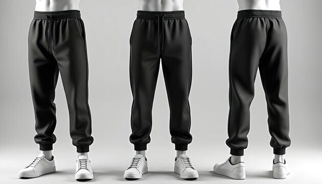 Black mens pants mockup in front, side, back views. Male jogger sweatpants on mannequin for apparel design. Isolated athletic trousers template for clothing brand. Casual sportswear for e-commerce,