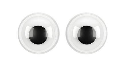 Close-up of two googly eyes with black pupils and white sclera on a white background, isolated studio shot