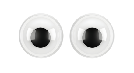 Close-up of two googly eyes with black pupils and white sclera on a white background, isolated studio shot