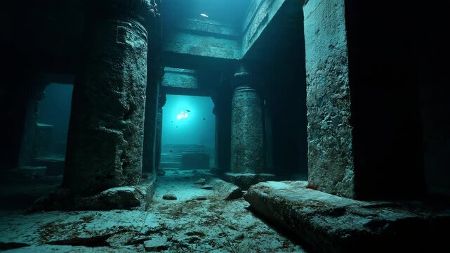 interior scenes of abandoned ruins underwater, walls and pillars made of lapis lazuli, crumbling scenes, dim light